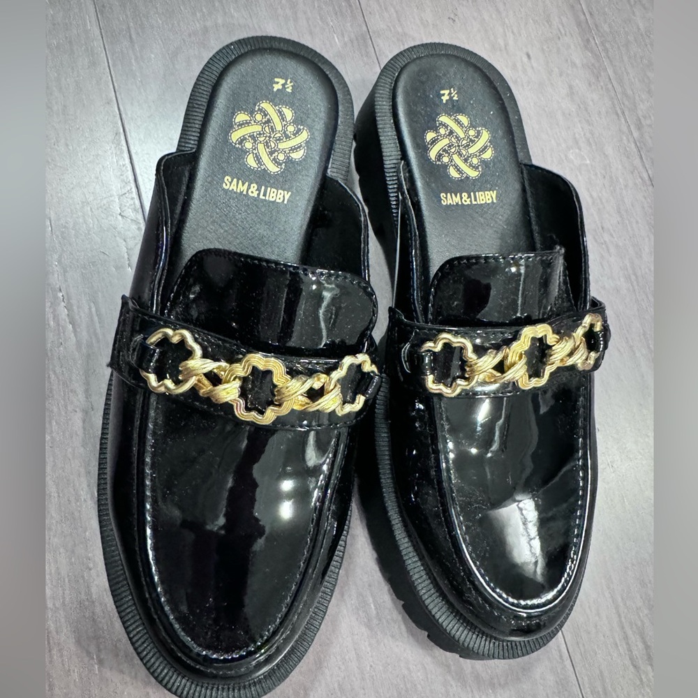 Sam&libby patent loafer slides with gold buckle